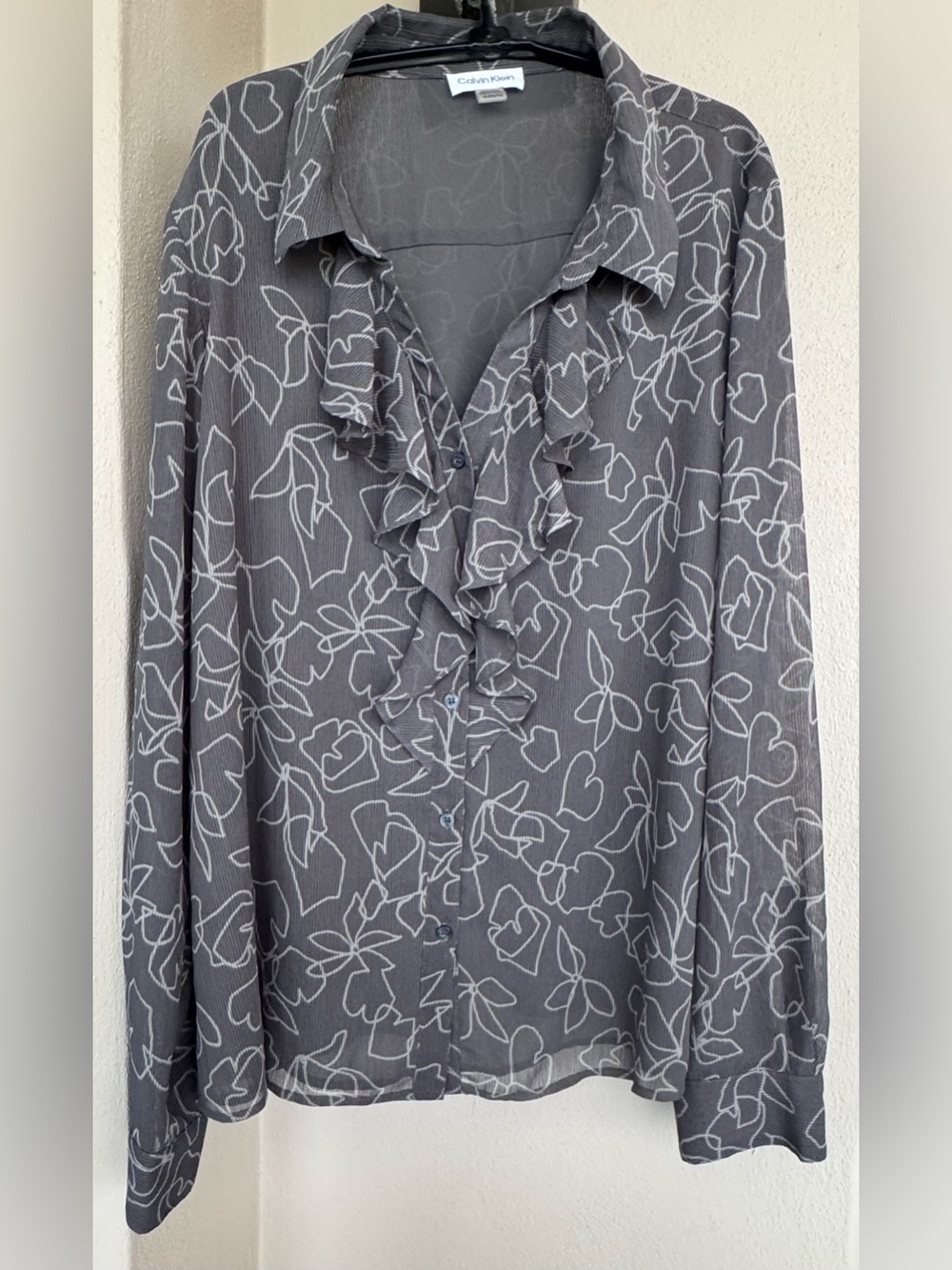 Calvin Klein Gray Abstract Floral Blouse Front Ruffle Button-Up Semi-Sheer XL